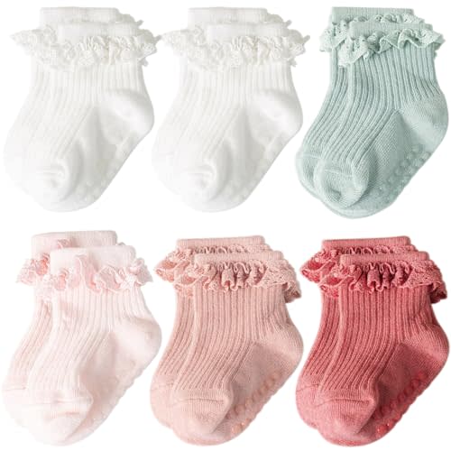 AQOKKA Baby Girl Toddlers Socks with Non-slip Grip Cute Frilly Ruffle Ankle Soft Cotton Newborn Baby Socks for Infant Kids