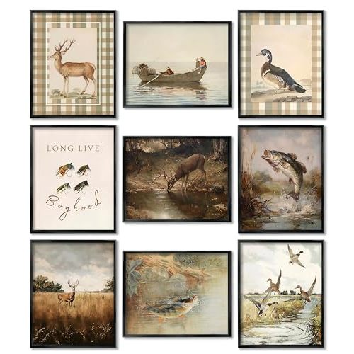 Vintage Nursery Wall Art Set of 9, Baby Boy Fishing Hunting Nursery Decor, Mallard Duck Rustic Farmhouse Canvas Posters Prints, Woodland Country Wall Artwork for Bedroom Playroom Nursery 8x10 Unframed