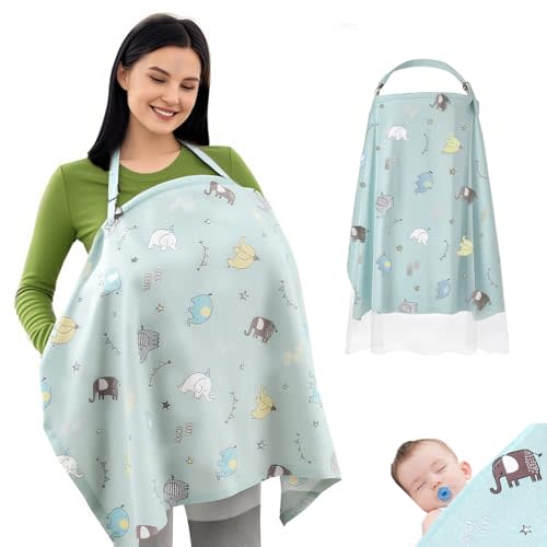 100% Cotton Nursing Cover with Support Ring & Mesh Layer, Breathable Nursing Cover Up for Breastfeeding, Adjustable Arch Neckline Breastfeeding Apron for Women