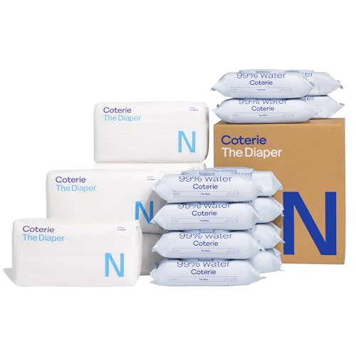 Coterie Baby Wipes + Diapers Kit, Size Newborn Diapers (186 Count) & 12 Pack (672 Count) Baby Wipes with 99% Water, Plant Based Materials, Hypoallergenic for Sensitive Skin
