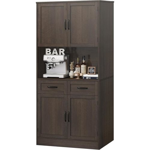HOSTACK 71“ Tall Kitchen Pantry Storage Cabinet, Modern Kitchen Hutch Bar Cabinet with Microwave Stand, Wood Buffet Sideboard with Hutch, Cupboard with Drawers, Shelves for Dining Room, Dark Brown