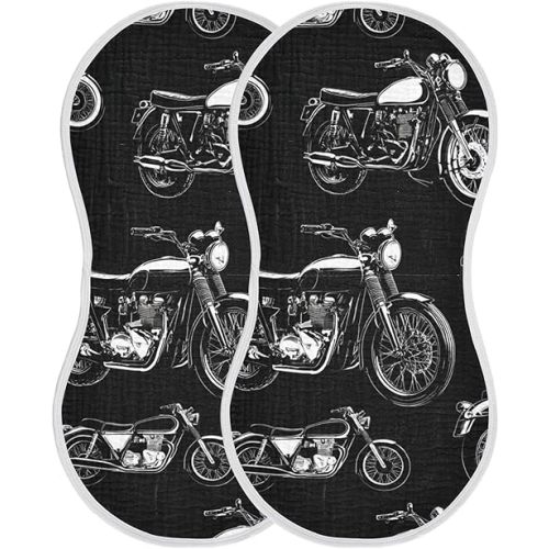 Black White Motorcycles Burp Cloths Baby Boys Girls Absorbent Soft Cotton Burping Cloths Rags, 2 Pack