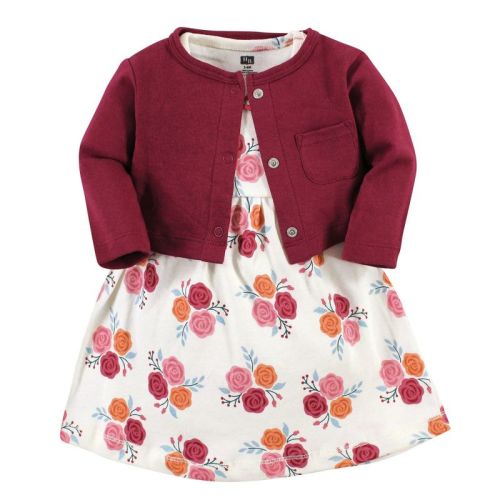 Hudson Baby Toddler Girl Cotton Dress and Cardigan Set, Autumn Rose, 12-18 Months