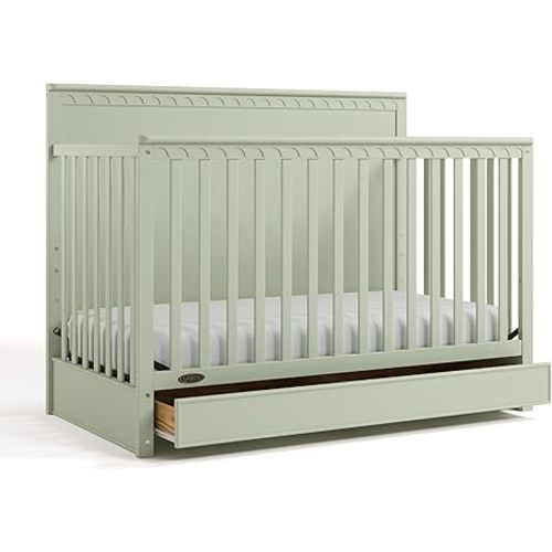 Graco Sasha 5-in-1 Convertible Crib with Drawer – GREENGUARD Gold Certified Wood Crib, Converts to Toddler Bed, Daybed, Full-Size Bed, Stylish Classic Design (Sage)