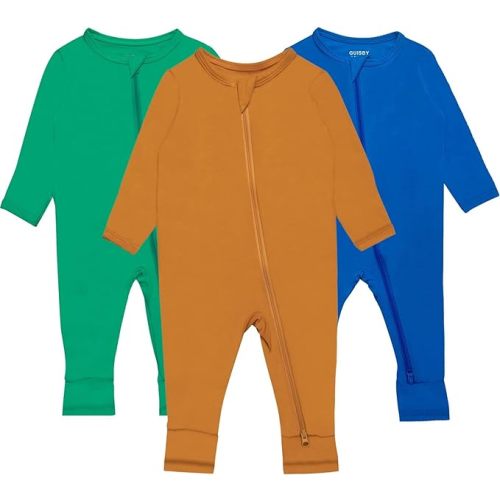 GUISBY Baby Pajamas with Mitten Cuffs - 3Pcs Girls Boys 2 Way Zipper Long Sleeve Rayon Sleepers