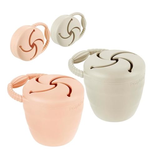 PandaEar Silicone Snack Containers, Collapsible Toddler Snack Cups Spill Proof Food Catcher for Toddler Baby, Pack of 2 (Light Tan/Walnut)