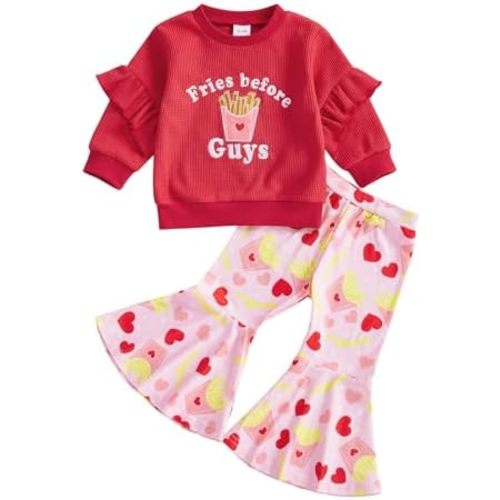 SAYOO Toddler Girl Valentine’s Day Outfits XOXO Letter Print Ruffle Sleeve Sweatshirt+Flare Pants Set Spring Heart Clothes