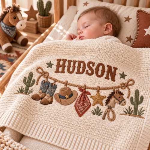 Personalized Western Baby Blanket, Baby Boy Gift, Custom Name Cowboy Horse Blanket, Rodeo Nursery Decor, Newborn Baby Shower Gift
