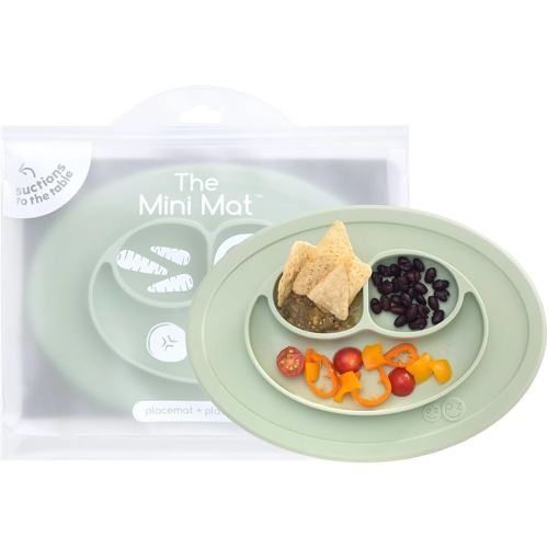 ezpz Mini Mat (Sage) - 6 -12 Months+ - 100% Silicone Suction Placemat + Divided Plate with Three Compartments - Supports Baby-Led Weaning - Designed for Highchair, Table, and Travel