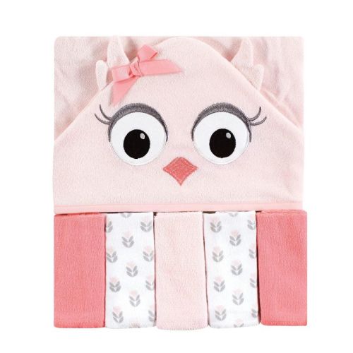 Hudson Baby Infant Girl Hooded Towel and Five Washcloths, Pink Owls, One Size