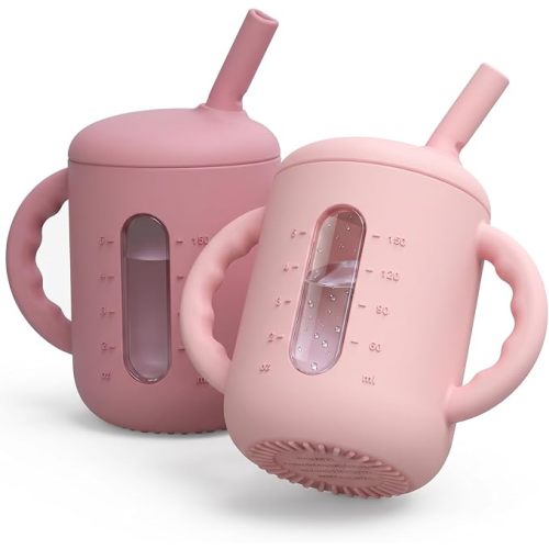 Seposeve 2 Pack Silicone Sippy Cups, Leak-Proof Baby Straw Cup for 6-12 Months, Spill Proof Toddler Cup with Straw 1-3 Years, with Capacity Marking, Non-slip Handle, Flow Control, 6 oz, Green Blue