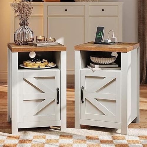 oneinmil End Table with Charging Station, Farmhouse Nightstand with Barn Door, Sofa Side Table with Storage Space 2-Piece Set, Suitable for Livingroom and Bedroom,White