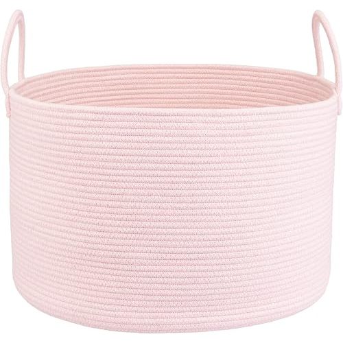 XUANGUO 66L Large Blanket Basket, Round Cotton Rope Basket, Light Pink