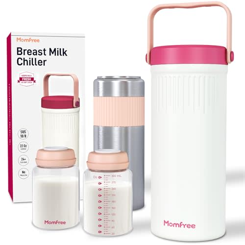 Momfree 22oz Portable Breast Milk Cooler for Breastmilk Storage, Liquid Gold Saver 360° Cooling Keeps Milk Fresh for 24 Hours, Larger Capacity Breastmilk Chiller with 2pcs Bottles for Outdoor Mom