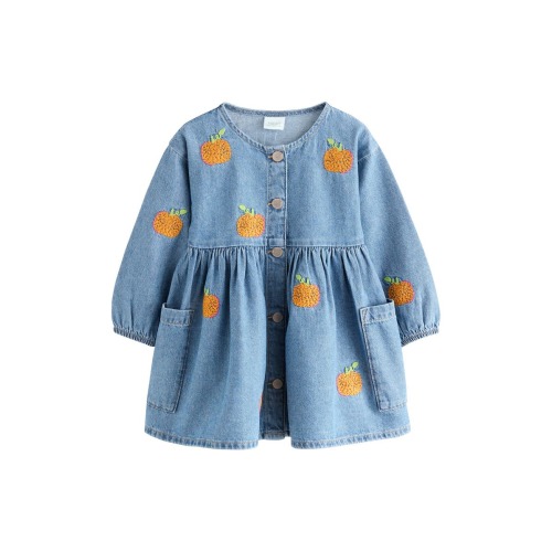 Kids' Pumpkin Embroidered Long Sleeve Denim Dress