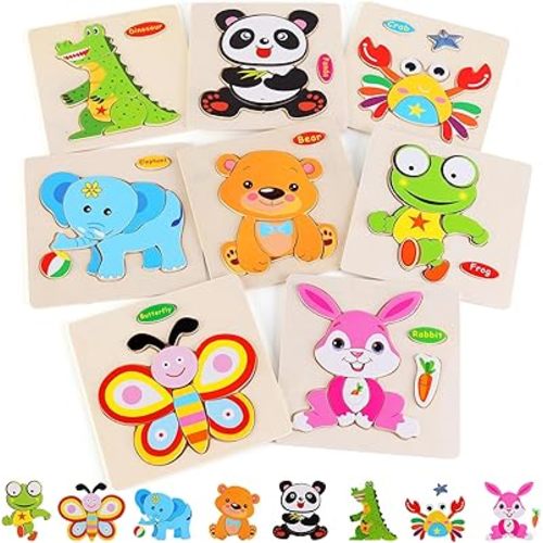 Wooden Puzzles for Toddlers 1-3, Pack of 8 Toddler Animal Puzzles Ages 2-4, Montessori Educational Animals Jigsaw Puzzles Christmas Birthday Gift for Baby Girl Boy Ages 1 2 3 4 Year Old