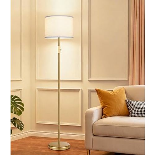 【Upgraded】 Dimmable Gold Floor Lamps for Living Room, 9W LED Bulb Included, Modern Standing Lamp with White Lamp Shade, Tall Pole Light for Bedroom Reading Office Corner Nursery