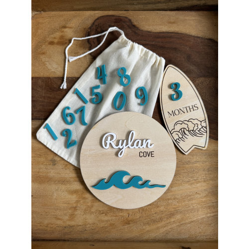 Ocean Waves Birth Announcement and Surfboard Milestone Set / Beach Theme Baby Nursery Decor / Ocean Baby Shower Gift / Surfer Baby Gift