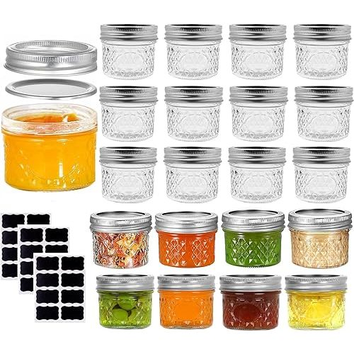 4 oz Mini Mason Jars, 20 Pack Regular Mouth Mason Jar with Lids and Seal Bands, Small Glass Canning Jar for Spice, Jam, Honey, Jelly, Dessert, Shower Wedding Favors, DIY Candles Decor
