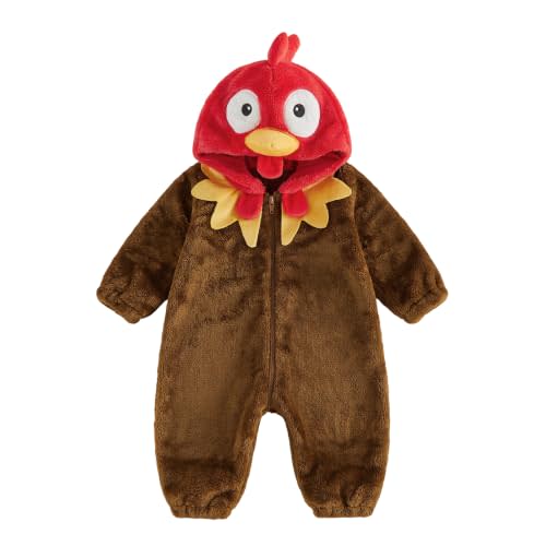 Toddler Baby Turkey Costume Infant Girl Boy Thanksgiving Outfit | Baby Boy Girl Thanksgiving Clothes,Turkey Onesie Romper,Long Sleeve Turkey Plush Hooded Fleece Jumpsuit,Halloween Cosplay