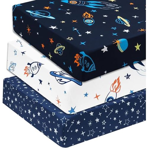 david's kids 3 Pack Fitted Crib Sheets, Ultra Soft Breathable Comfortable Baby Sheet Set for Boys Girls Neutral, 28x52 Inch Fits Standard Crib and Toddler Mattresses, Space