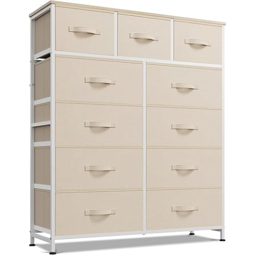 WLIVE Storage Organizer Unit with 11 Fabric Bins, Storage Drawers Organizer with Steel Frame, Tall Storage Tower Organizaton for Living Room, Hallway, Office, Cream White