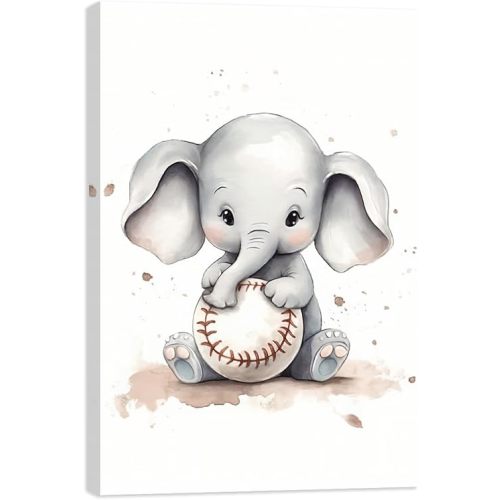 Nursery Elephant Canvas Wall Art, Baby Elephant and Baseball Poster Print Safari Animal Nursery Picture Painting for Boys Room Playroom Decor(Artwork-10, 12"x18")