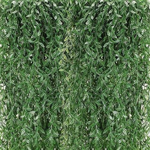 Riceshoot 48 Pcs Artificial Hanging Vines Fake Weeping Willow Leaves Decor Fake Seaweed Artificial Vines Greenery Garland for Wedding Party Backdrop Wall Decor Garden Patio Backyard (Dark Green)