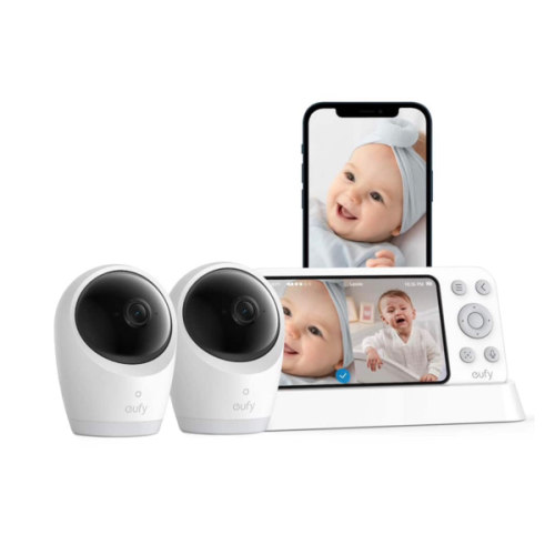 eufy - Baby Monitor E21 with 2 4K UHD Cameras, 5'' 720p Display, 8× Zoom, Portable Camera with Built-in Battery - White
