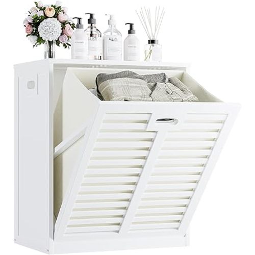 HITNET Tilt Out Laundry Hamper Cabinet, Bathroom Laundry Cabinet with 16 Gallon Clothes Basket, Space Saving Freestanding Bamboo Storage Organizer for Towels and Toys, White
