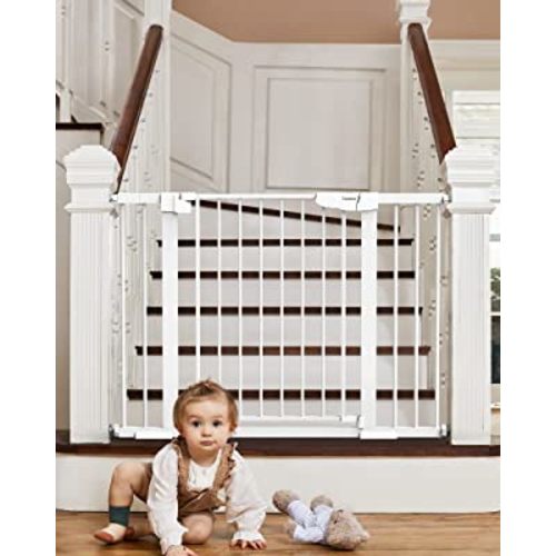 Mom's Choice Awards Winner-Cumbor 29.5-46" Auto Close Baby Gate for Stairs, Easy Install Pressure/Hardware Mounted Dog Gates for The House Indoor, Easy Walk Thru Wide Safety Pet Gates for Dogs, White