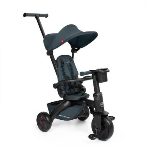 Radio Flyer Coast Folding Lightweight Stroller Trike with Travel Bag - Black/Steel Blue: Adjustable Handle, 5-Point Harness, Flat-Free Tires