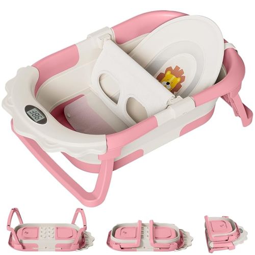 TPN 4-in-1 Grow-with-Me Collapsible Baby Bathtub, Baby Tub for Newborns to Toddler with Soft Floating Cushion & Thermometer, Portable Baby Bath Tub, Infant Bathtub for Bath Support in Tub,Pink