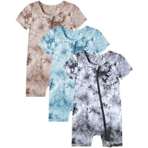 Jimonda Baby Girl Boys Rayon From Bamboo Pajamas 3 Pack Short Sleeve Footless Romper 2 Way Zipper Tie Dye Pjs Sleeper 0-24M