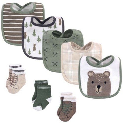 Hudson Baby Infant Baby Cotton Bib and Sock Set 8pk, Forest Bear, One Size