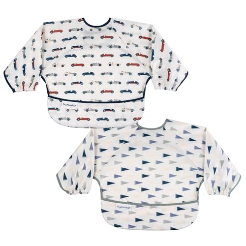 Tiny Twinkle Long Sleeve Bib for Babies & Toddlers – 2 Pack Waterproof Smock Bibs for Eating – Machine Washable & Mess-Proof, Baby Feeding Essential & Shower Must-Have (Cars,Flags,6-24M)