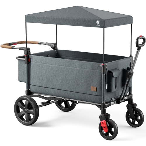 EVER ADVANCED Side-Unzip Folding Wagon Stroller for 2 Kids with Canopy, Push and Pull Baby Wagon for Toddler with 5-Point Harness and Allterrain Wheels, Grey