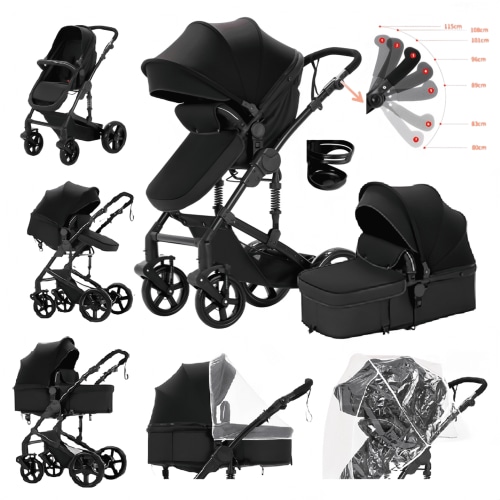 Baby Stroller High Landscape Pram & Lightweight Pushchair Travel Systems with Reversible Bassinet for Newborns and Toddlers,Unisex(Black)