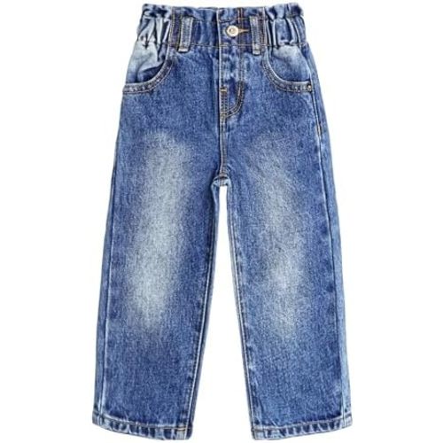 KIDSCOOL SPACE Baby Girls Boys Jeans, 12M-5T Little Kids Ribbed Waist with D-Rings Denim Pants