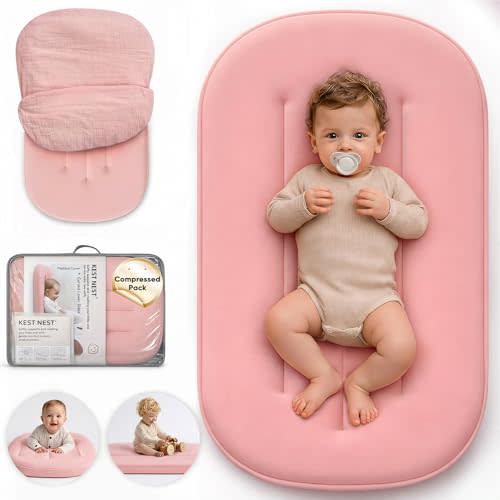 Baby Lounger, Infant Support Cushion for Newborns, Pink | Soft Cotton, Machine Washable Cover, Portable Baby Nest, Tummy Time Mat, Home and Travel, Baby Registry Gift, Compressed Pack