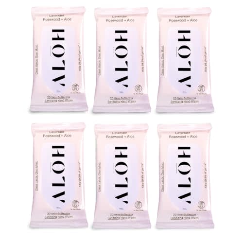 ALŌH Lavender Rosewood + Aloe Hand Sanitizer Wipes, Travel Size | Clean Hands, Clear Mind, On The Go for Kids and Adults | Alcohol Free, Moisturizing, Scented | 6 Pack 20ct Wipes (120 wipes)