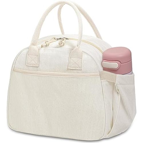 Carry bloom Lunch Box for Women, Insulated Lunch Bag Cute Corduroy Lunchbox Reusable Tote Bags for Work (beige corduroy)