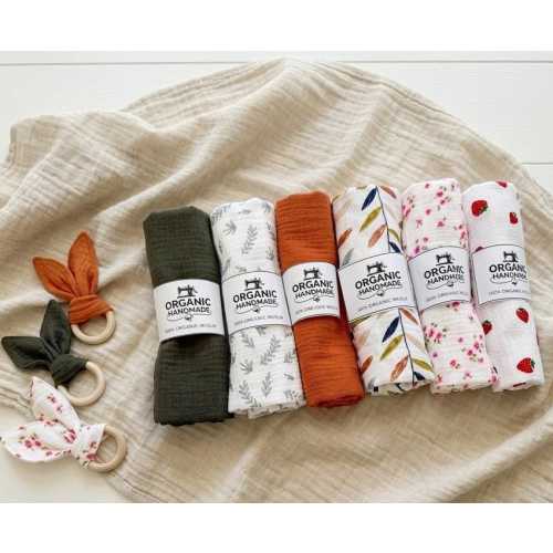 100% Organic Cotton Baby Swaddle 35x35", Soft Muslin Receiving Blanket, Earthy Tone Boho Nursery Wrap, Breathable Gauze Newborn Blanket