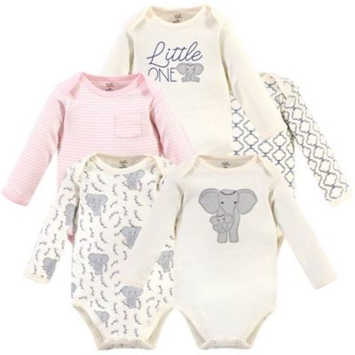 Touched by Nature Baby Girl Organic Cotton Long-Sleeve Bodysuits 5pk, Pink Elephant, 0-3 Months