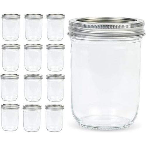 12 Pcs 16oz Wide Mouth Mason Jars, Glass Jars with Silver Metal Lids and Rings, Canning Jars for Overnight Oats, Food Storage, Dry Food, Snacks, Candies and More