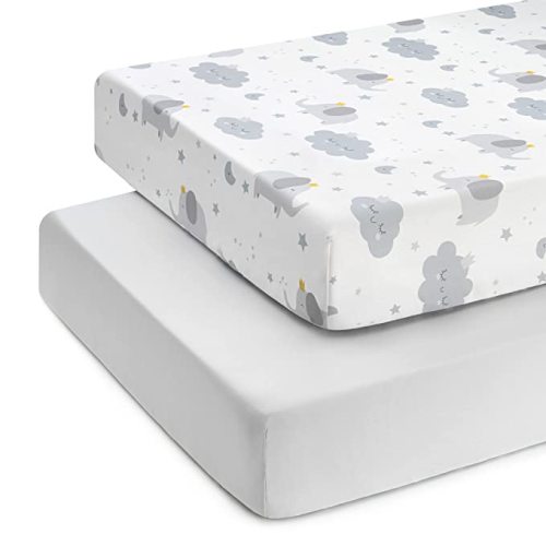 TILLYOU Fitted Crib Sheet Set 2 Pack - Super Soft Toddler Bed Sheets for Standard Crib and Toddler Mattresses, 28"x52"x8", Elephants Clouds&Gray