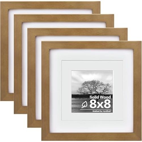 Egofine 8x8 Picture Frames 4 Pack Covered by Plexiglass, for Picture 4x4 with Mat or 8x8 whitout Mat Made of Solid Wood for Table Top Display and Wall Mounting Photo Frame, Light Brown