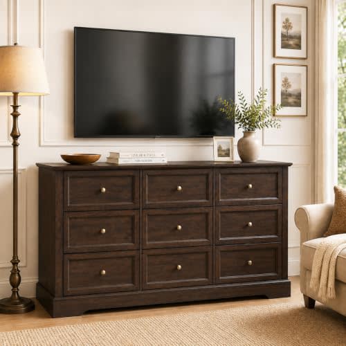LOUVIXA Farmhouse Dresser 9 Drawer, Bedroom Chest of Drawers, Dressers with 9 Drawers, Wooden Dressers for Bedroom, Living Room, Tv Stand, Entryway(Vintage Brown)