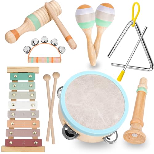 Raimy Musical Instruments Set - Neutral Colors Wooden Montessori Toys Percussion Music Modern Boho Xylophone Birthday Gifts for 1 2 3 Year Old Kids Baby Toddlers Boys Girls 3+ with Storage Bag