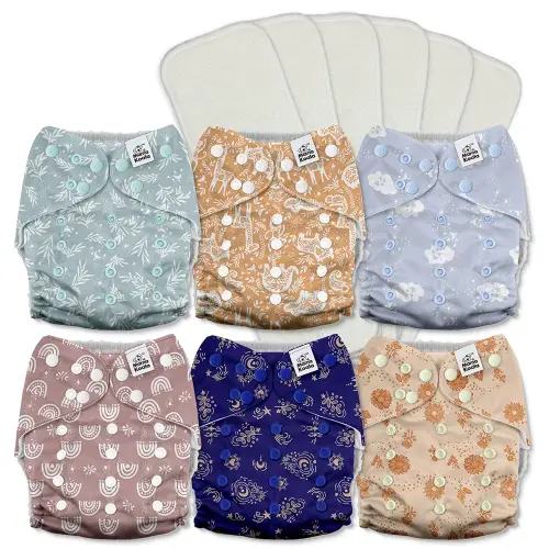 Mama Koala 3.0 Pocket Cloth Diapers for Babies with AWJ Lining, 6 Pack with 6 5-Layer Natural Cloth Diaper Inserts - Reusable and Washable Pocket Diapers(A-Cabin Vibes)